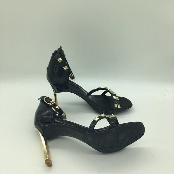 Black Women Ankle Strap Rivets Sandals Open Toe Mid Heels Pumps - Picture 5 of 10